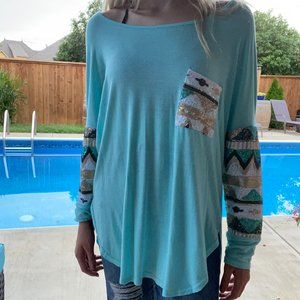 Turquoise Sequin Long Sleeve Flowing Top (Medium)